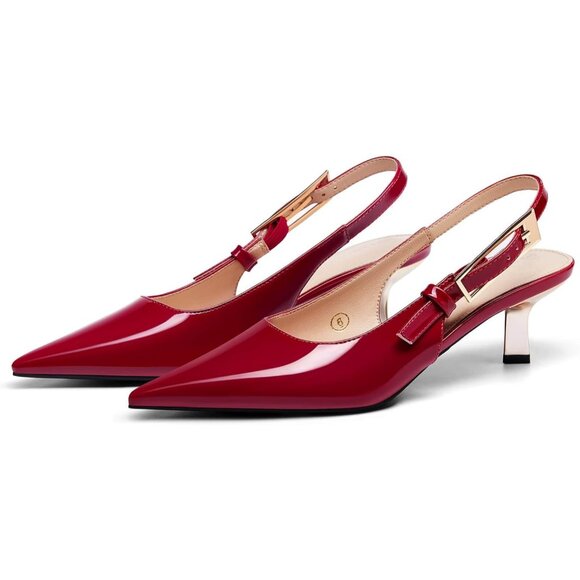 Women's Red Slingback Kitten Heels Closed Pointed Toe Pumps Buckle Strap - Picture 3 of 5